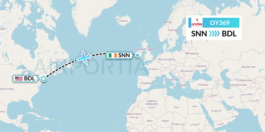 OY369 Omni Air International Flight Map: Shannon to Windsor Locks