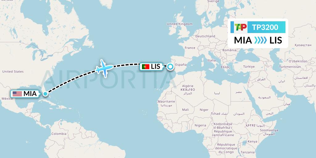 TP3200 TAP Portugal Flight Map: Miami to Lisbon