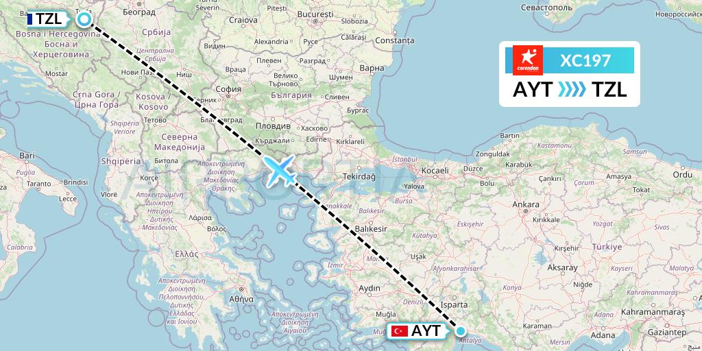 XC197 Corendon Airlines Flight Map: Antalya to Tuzla