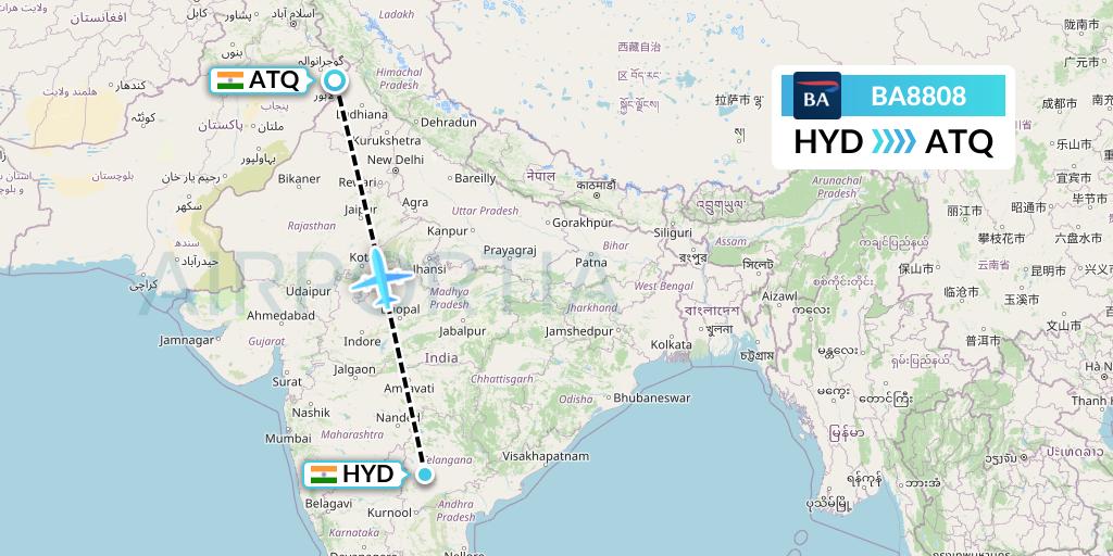 BA8808 British Airways Flight Map: Hyderabad to Amritsar