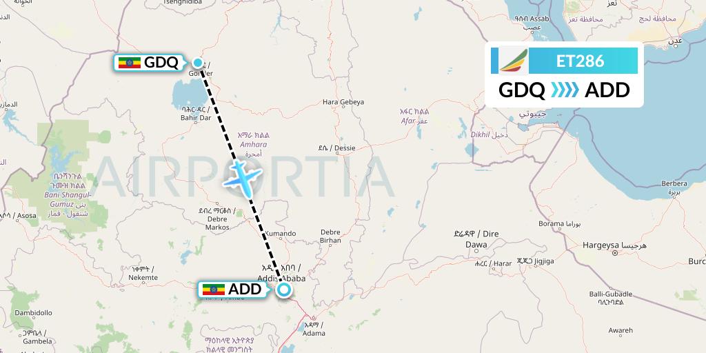 ET286 Ethiopian Airlines Flight Map: Gondar to Addis Ababa