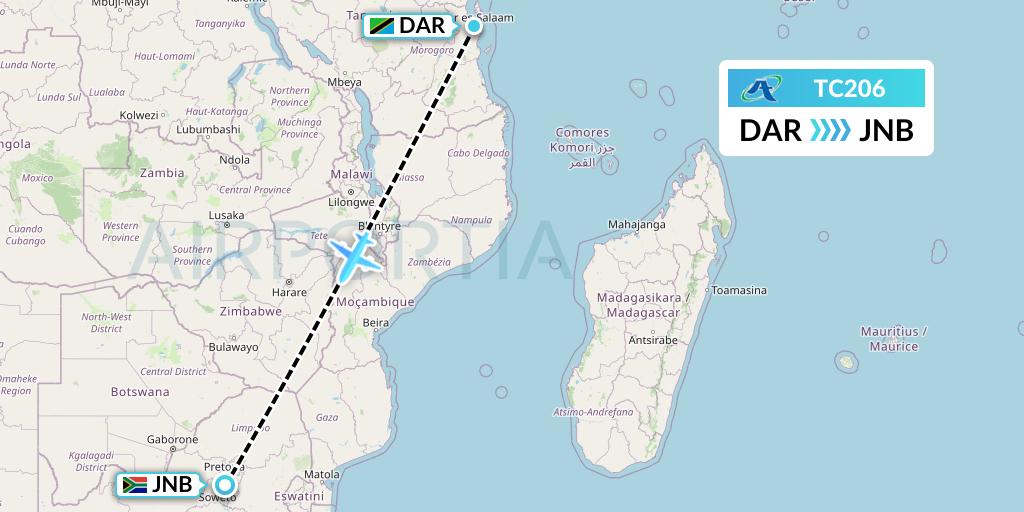 TC206 Air Tanzania Flight Map: Dar-es-Salaam to Johannesburg