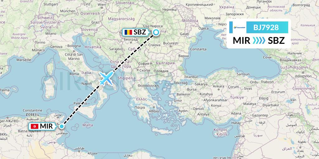 BJ7928 Nouvelair Tunisie Flight Map: Monastir to Sibiu