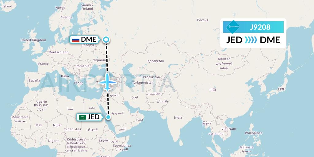 J9208 Jazeera Airways Flight Map: Jeddah to Moscow