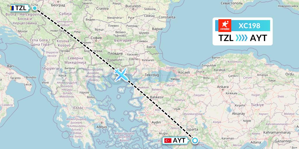 XC198 Corendon Airlines Flight Map: Tuzla to Antalya