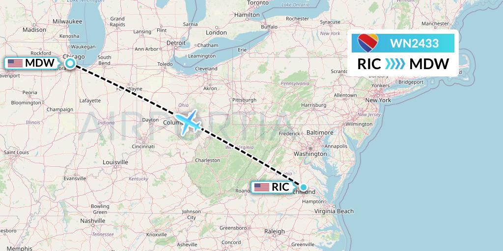 WN2433 Southwest Airlines Flight Map: Richmond to Chicago