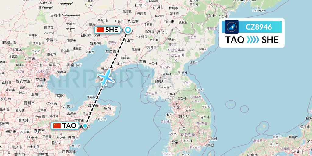CZ8946 China Southern Airlines Flight Map: Qingdao to Shenyang