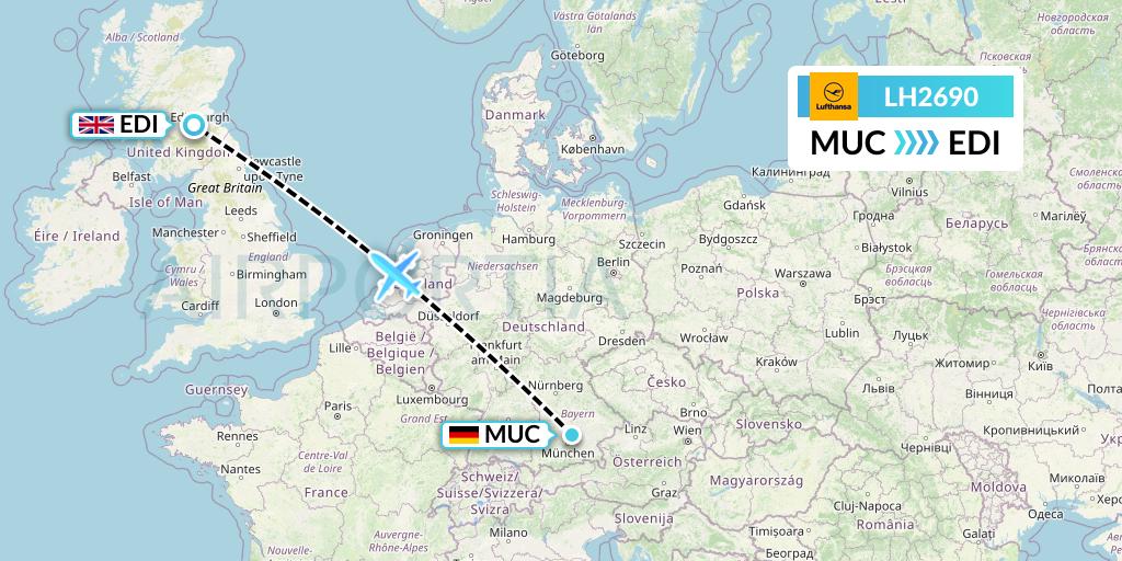 LH2690 Lufthansa Flight Map: Munich to Edinburgh