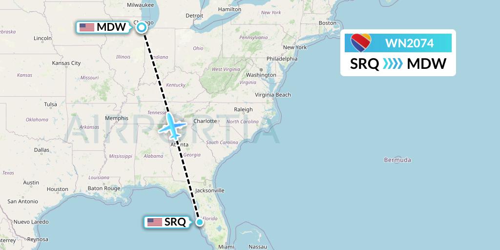 WN2074 Southwest Airlines Flight Map: Sarasota to Chicago