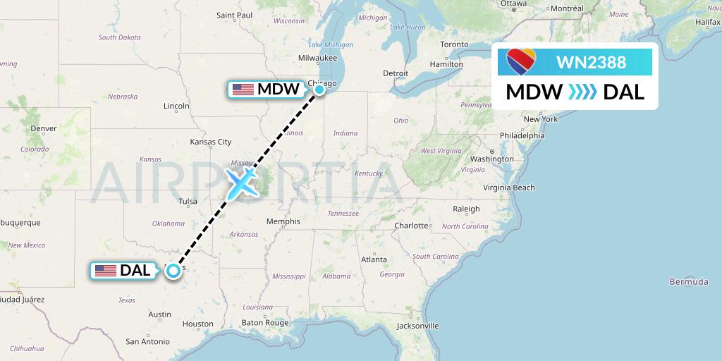 WN2388 Southwest Airlines Flight Map: Chicago to Dallas