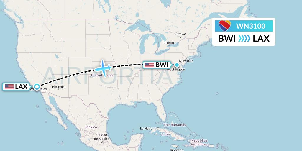WN3100 Southwest Airlines Flight Map: Baltimore to Los Angeles