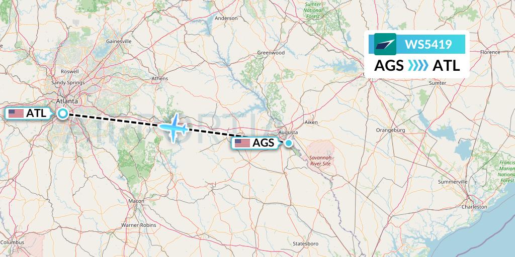 WS5419 WestJet Flight Map: Augusta to Atlanta