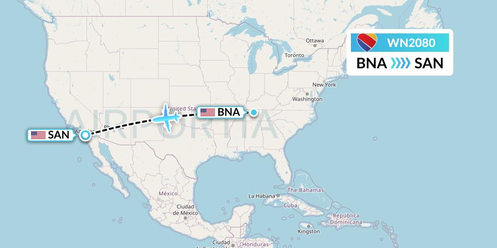 WN2080 Southwest Airlines Flight Map: Nashville to San Diego