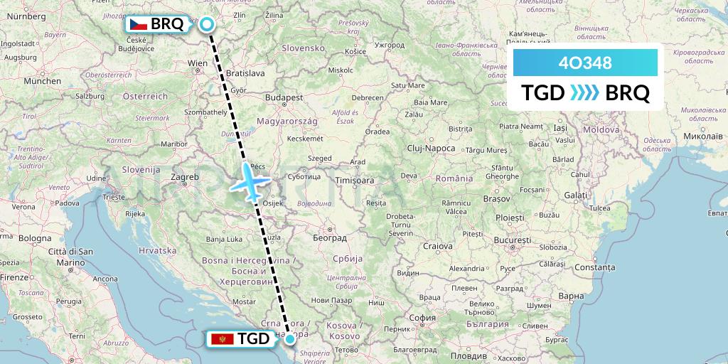 4O348 Air Montenegro Flight Map: Podgorica to Brno
