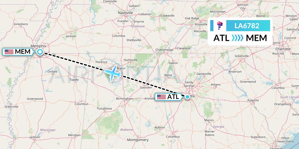 LA6782 LAN Airlines Flight Map: Atlanta to Memphis