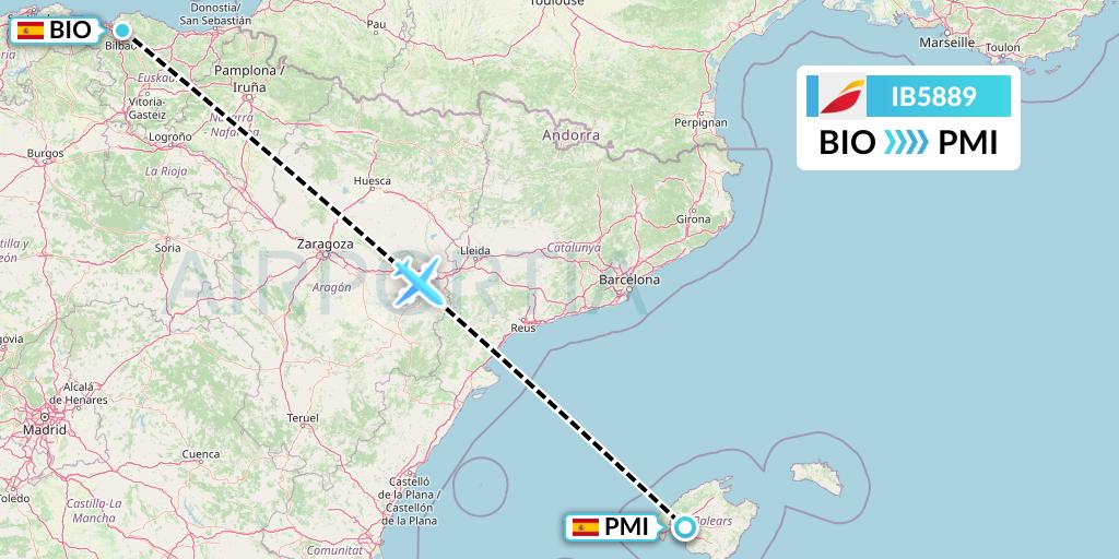 IB5889 Iberia Flight Map: Bilbao to Palma de Mallorca