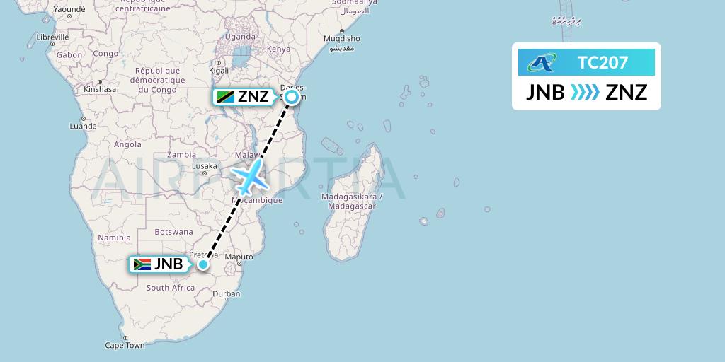 TC207 Air Tanzania Flight Map: Johannesburg to Zanzibar