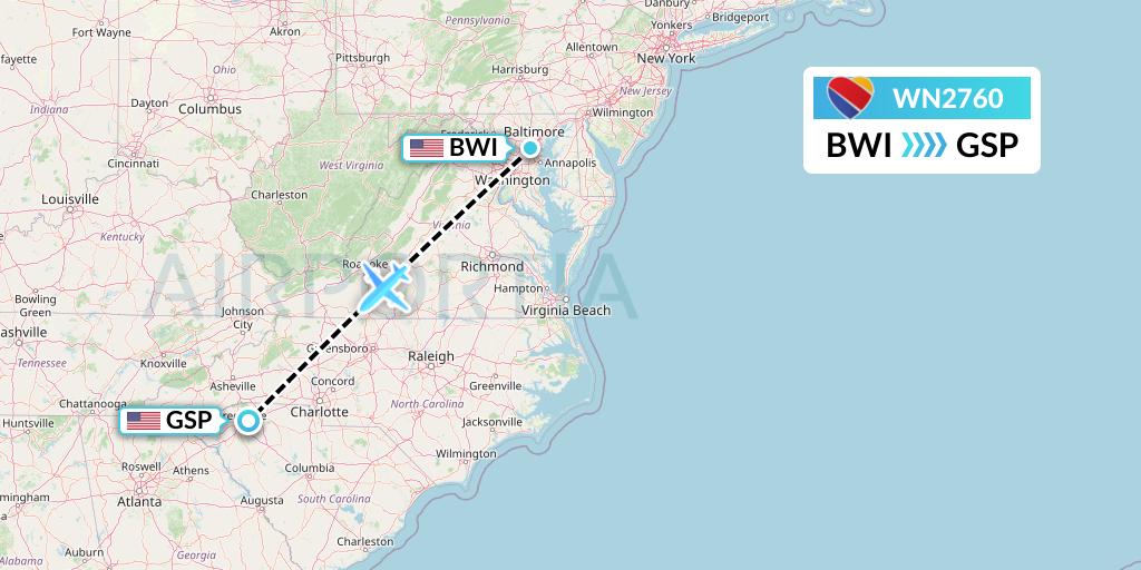 WN2760 Southwest Airlines Flight Map: Baltimore to Greenville-Spartanburg