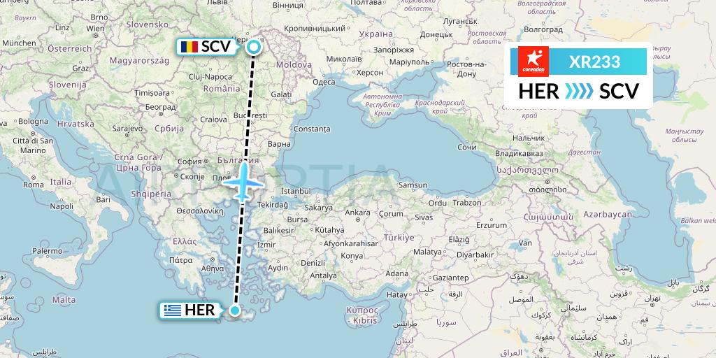 XR233 Corendon Airlines Europe Flight Map: Heraklion to Suceava