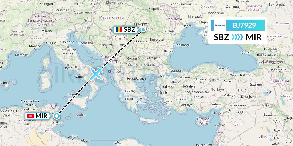 BJ7929 Nouvelair Tunisie Flight Map: Sibiu to Monastir