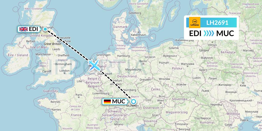 LH2691 Lufthansa Flight Map: Edinburgh to Munich