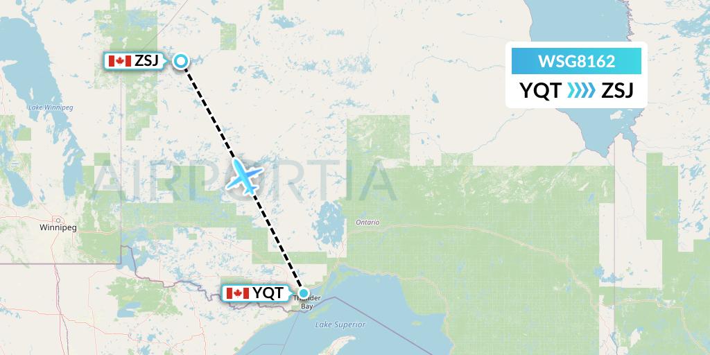 WSG8162 Wasaya Airways Flight Map: Thunder Bay to Sandy Lake