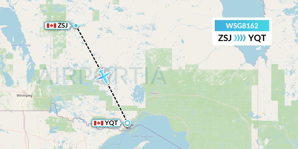 WSG8162 Wasaya Airways Flight Map: Sandy Lake to Thunder Bay