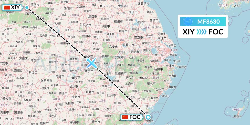 MF8630 Xiamen Airlines Flight Map: Xi'an to Fuzhou
