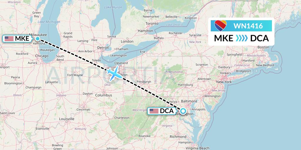 WN1416 Southwest Airlines Flight Map: Milwaukee to Washington
