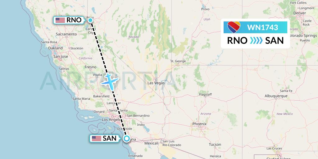 WN1743 Southwest Airlines Flight Map: Reno to San Diego