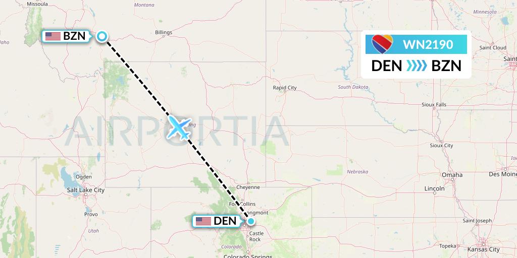 WN2190 Southwest Airlines Flight Map: Denver to Bozeman