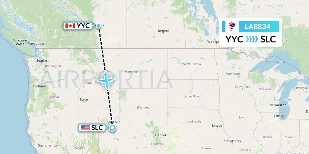 LA8824 LAN Airlines Flight Map: Calgary to Salt Lake City