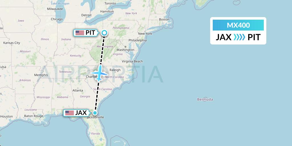 MX400 Breeze Airways Flight Map: Jacksonville to Pittsburgh
