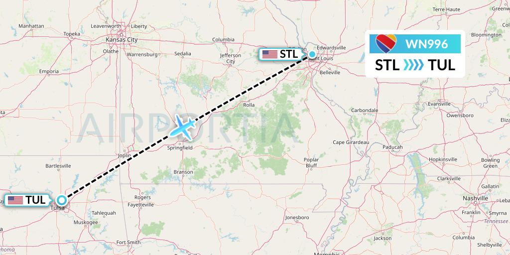 WN996 Southwest Airlines Flight Map: St. Louis to Tulsa
