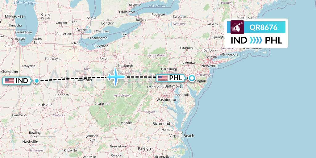 QR8676 Qatar Airways Flight Map: Indianapolis to Philadelphia