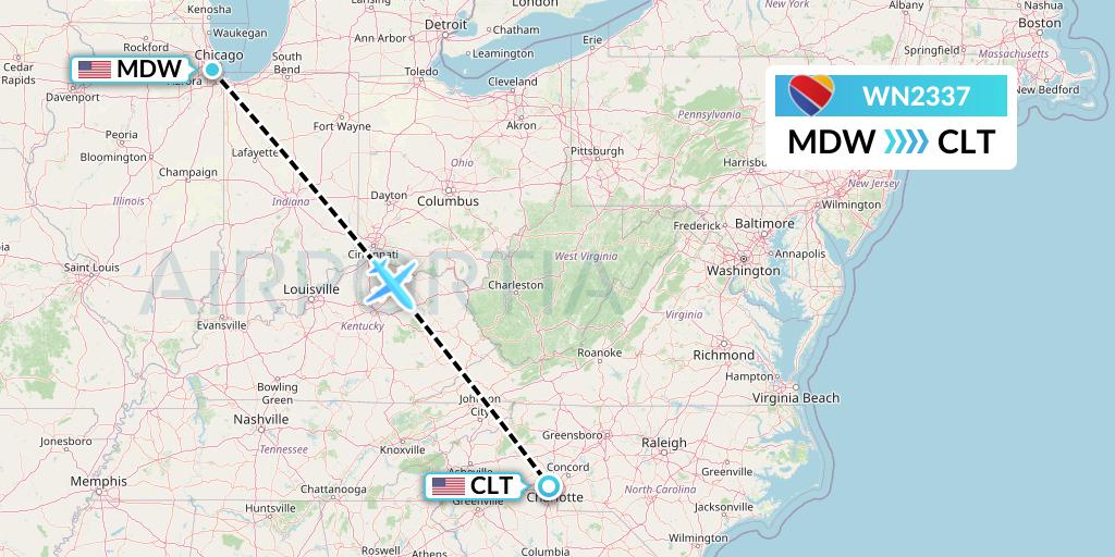 WN2337 Southwest Airlines Flight Map: Chicago to Charlotte