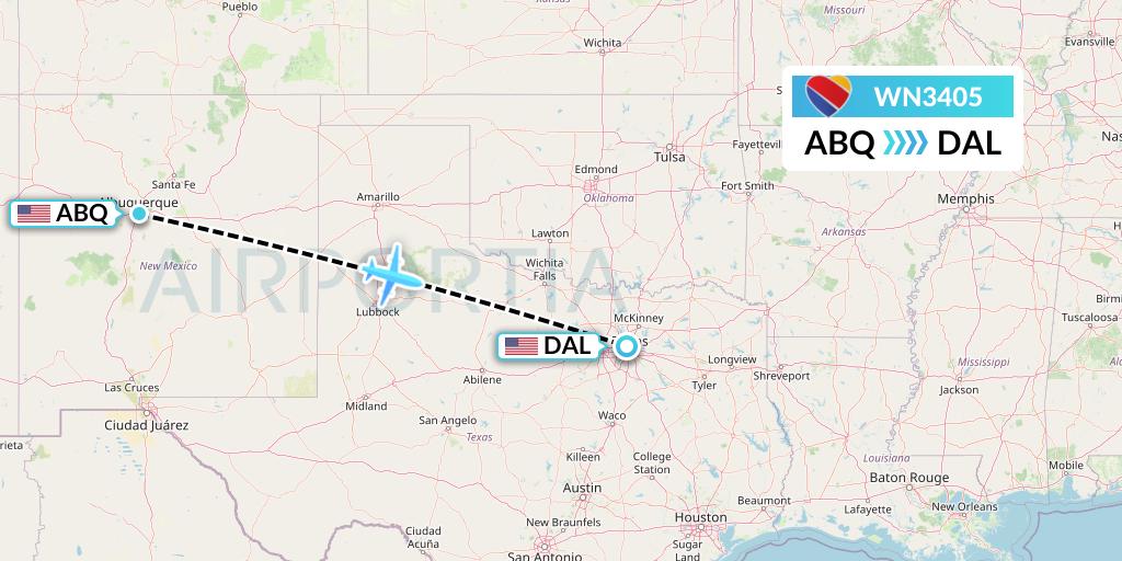 WN3405 Southwest Airlines Flight Map: Albuquerque to Dallas