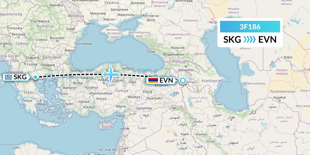 3F186 Flyone Armenia Flight Map: Thessaloniki to Yerevan
