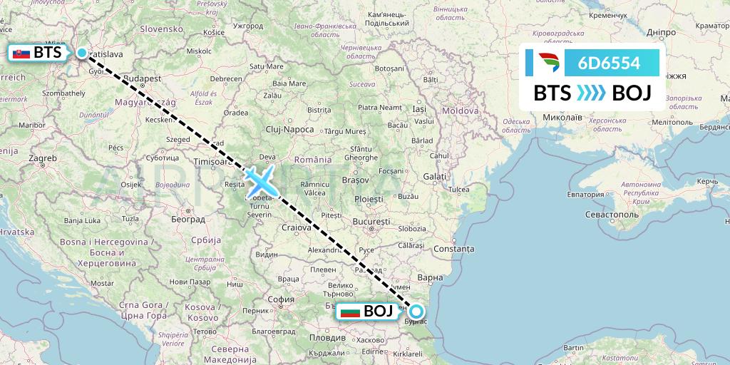 6D6554 Travel Service Slovakia Flight Map: Bratislava to Burgas