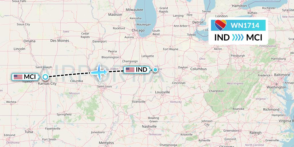 WN1714 Southwest Airlines Flight Map: Indianapolis to Kansas City