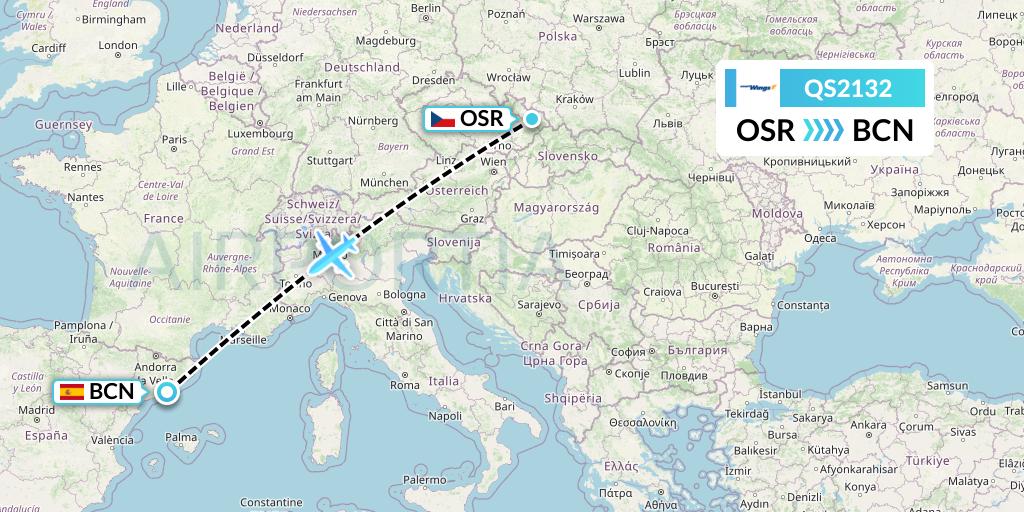 QS2132 Smartwings Flight Map: Ostrava to Barcelona