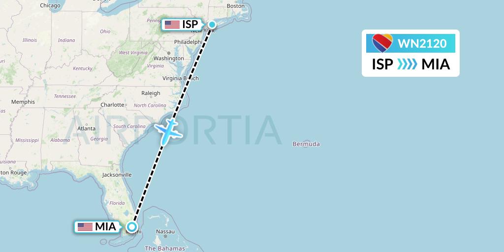 WN2120 Southwest Airlines Flight Map: Islip to Miami