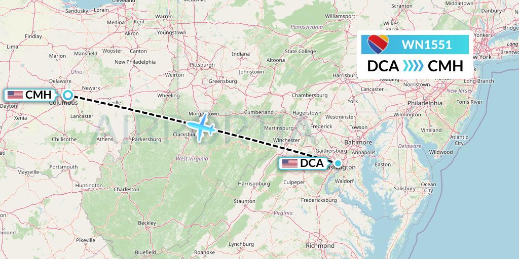 WN1551 Southwest Airlines Flight Map: Washington to Columbus