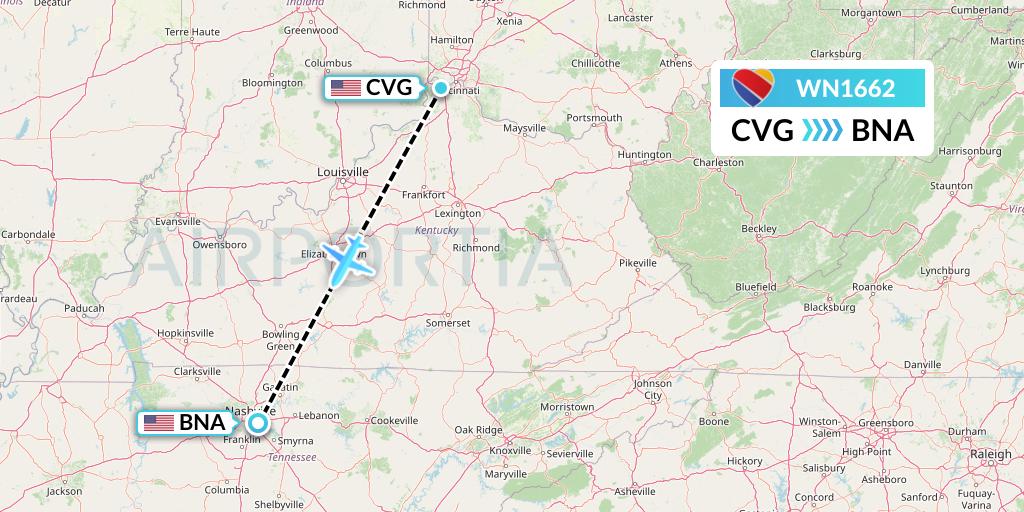 WN1662 Southwest Airlines Flight Map: Cincinnati to Nashville