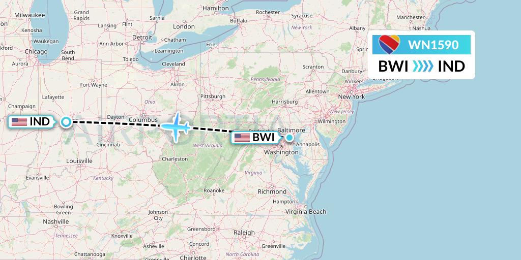 WN1590 Southwest Airlines Flight Map: Baltimore to Indianapolis