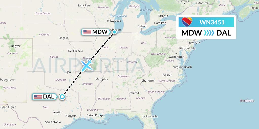 WN3451 Southwest Airlines Flight Map: Chicago to Dallas
