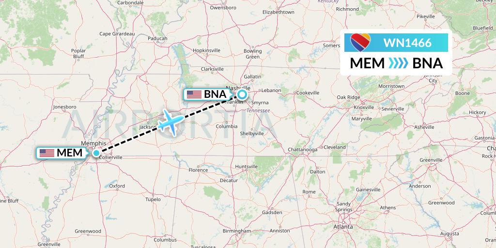 WN1466 Southwest Airlines Flight Map: Memphis to Nashville