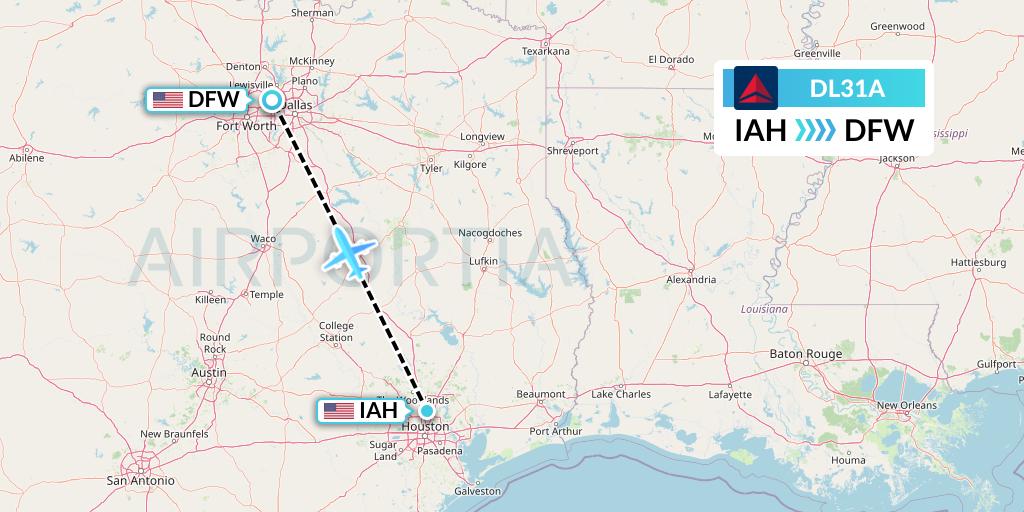 DL31A Delta Air Lines Flight Map: Houston to Dallas