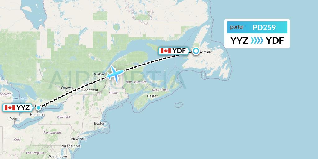 PD259 Porter Airlines Flight Map: Toronto to Deer Lake