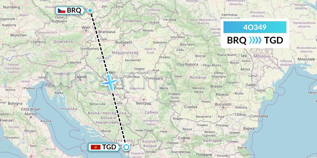 4O349 Air Montenegro Flight Map: Brno to Podgorica